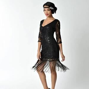 Unique Vintage Women's Black Beaded Sequin Margaux Sleeved Fringe Dress Size M
